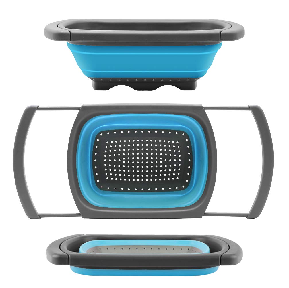 Qimh Colander collapsible, Colander Strainer Over The Sink Vegetable Fruit Strainer Basket (6 Quart) with Extendable Handles, New Kitchen Essentials