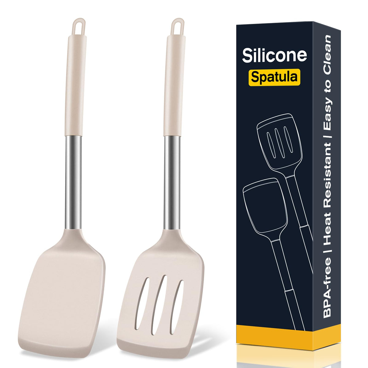 2 Pack Silicone Spatula Set, Solid & Slotted Turner for Non-Stick Pans