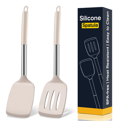 2 Pack Silicone Spatula Set, Solid & Slotted Turner for Non-Stick Pans