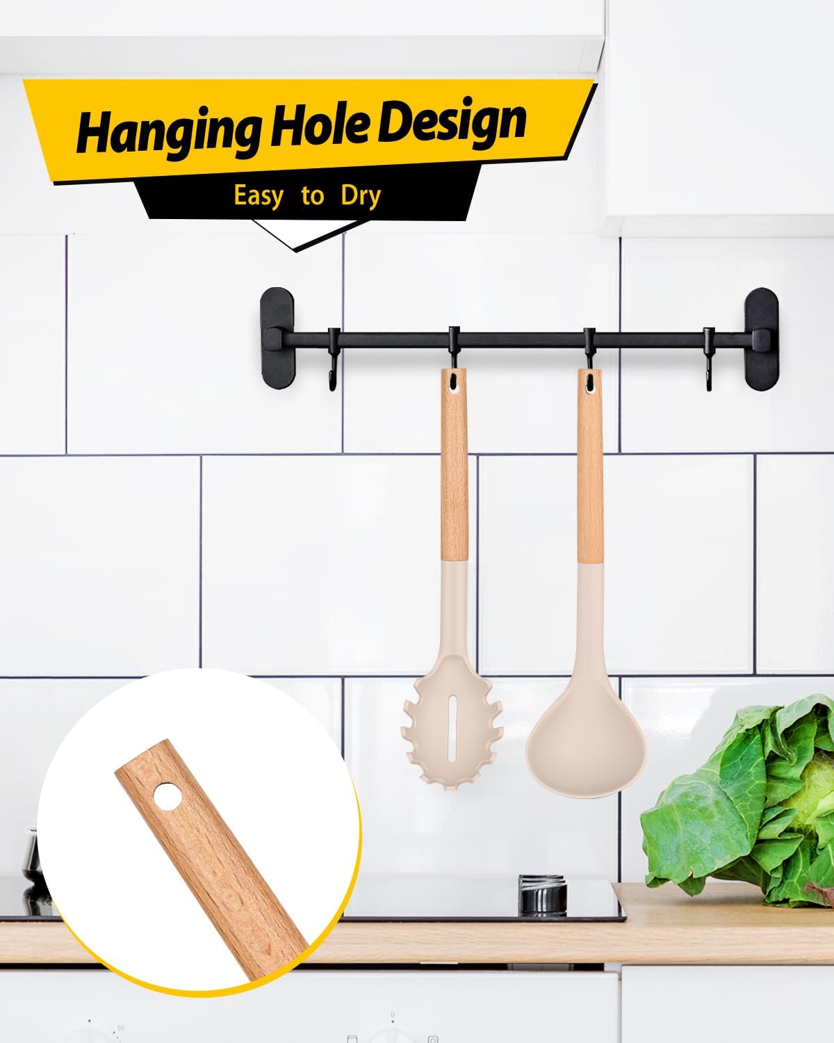BUNDLEPRO Silicone Soup Ladle and Pasta Spoon Set with Wooden Handle
