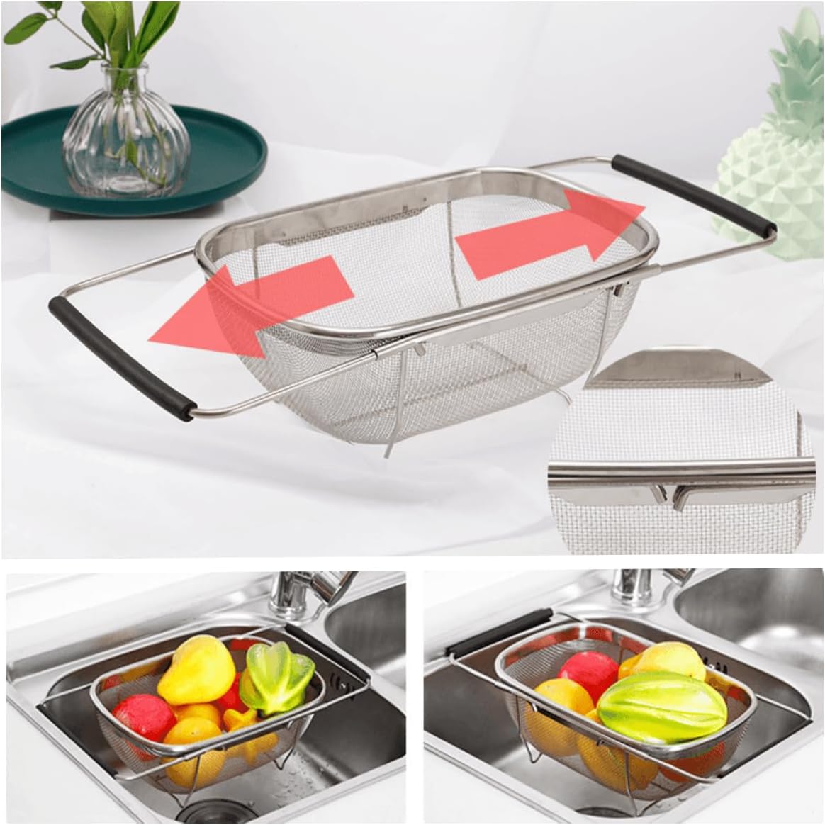 4qt Stainless Steel Oval Strainer Basket Colander, Over The Sink Fine Mesh Expandable, Colander For Kitchen Sink, Vegetables, Strain, Drain, Rinse Fruits (4 Quart Strainer Basket)