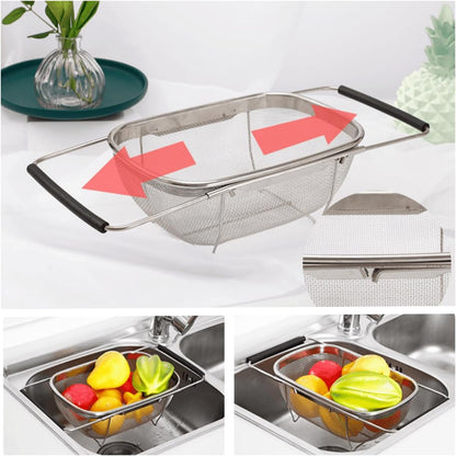 4qt Stainless Steel Oval Strainer Basket Colander, Over The Sink Fine Mesh Expandable, Colander For Kitchen Sink, Vegetables, Strain, Drain, Rinse Fruits (4 Quart Strainer Basket)