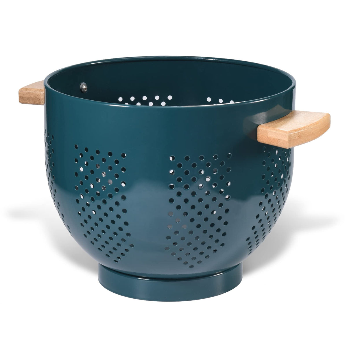 Metal Colander with Wood Handle and Stable Base, Powder Coated Steel Kitchen Strainer Basket for Draining Pasta, Vegetable and fruit(5.5quart,Matte Black)