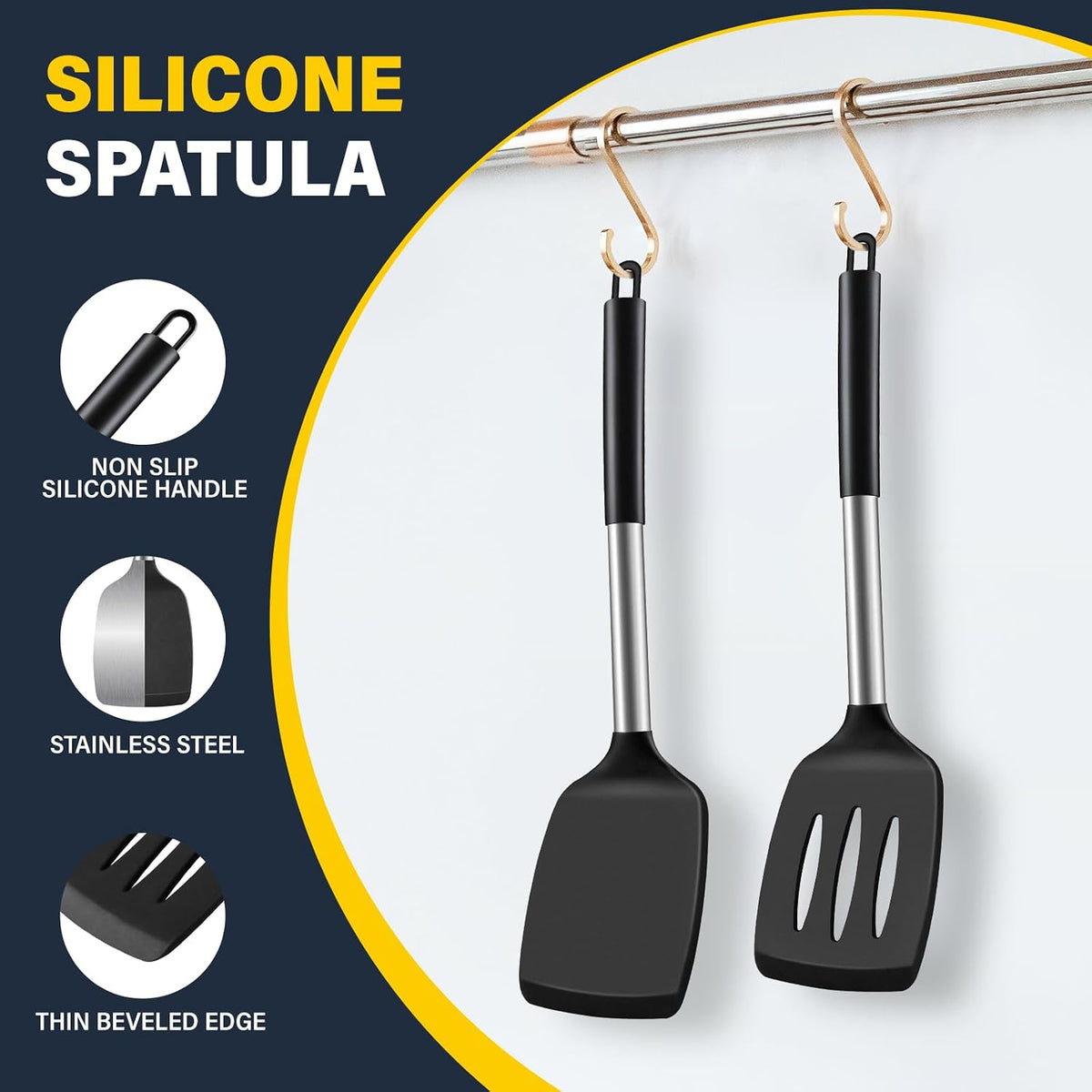 2 Pack Silicone Spatula Set, Solid & Slotted Turner for Non-Stick Pans