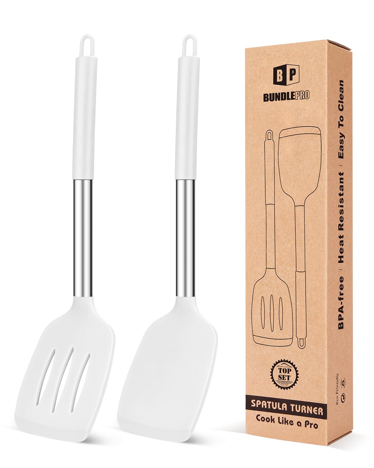 Pack of 2 Silicone Solid Turner, Non Stick Slotted Kitchen Spatulas, High Heat Resistant BPA Free Cooking Utensils, Ideal Cookware for Fish, Eggs, Pancakes(Stainless Steel Khaki)