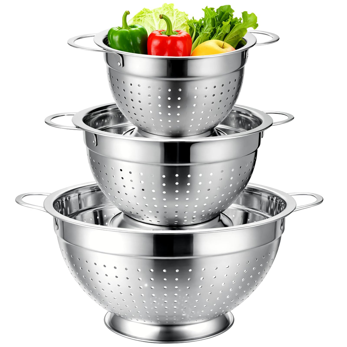 Palksky Stainless Steel Colander Set with Self-Draining Base, 3 Sizes Colanders & Food Strainers for Pasta, Rice, Fruits & Veggies, Metal Colander with Draining Plate for Sink or Countertop