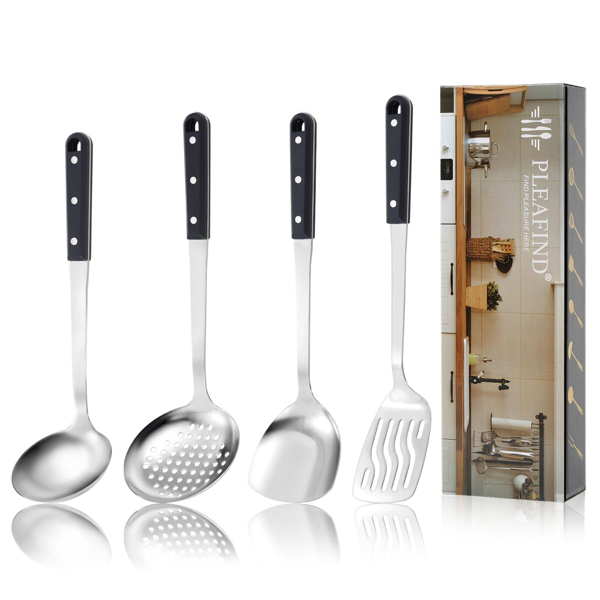 Pleafind Cooking Utensils Set - 4 Pcs Stainless Steel Kitchen Utensils Set with Solid Turner, Slotted Turner, Serving Ladle, Slotted Spoon, Wok Utensils Set with Heat Resistant Handle, Dishwasher Safe
