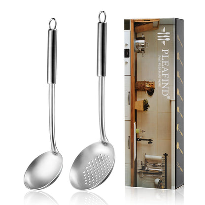 Pleafind Cooking Utensils Set - 4 Pcs Stainless Steel Kitchen Utensils Set with Solid Turner, Slotted Turner, Serving Ladle, Slotted Spoon, Wok Utensils Set with Heat Resistant Handle, Dishwasher Safe