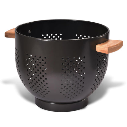 Metal Colander with Wood Handle and Stable Base, Powder Coated Steel Kitchen Strainer Basket for Draining Pasta, Vegetable and fruit(5.5quart,Matte Black)