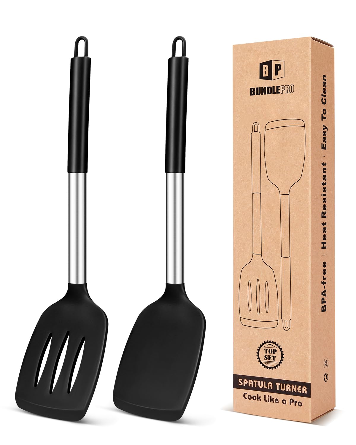 Pack of 2 Silicone Solid Turner, Non Stick Slotted Kitchen Spatulas, High Heat Resistant BPA Free Cooking Utensils, Ideal Cookware for Fish, Eggs, Pancakes(Stainless Steel Khaki)