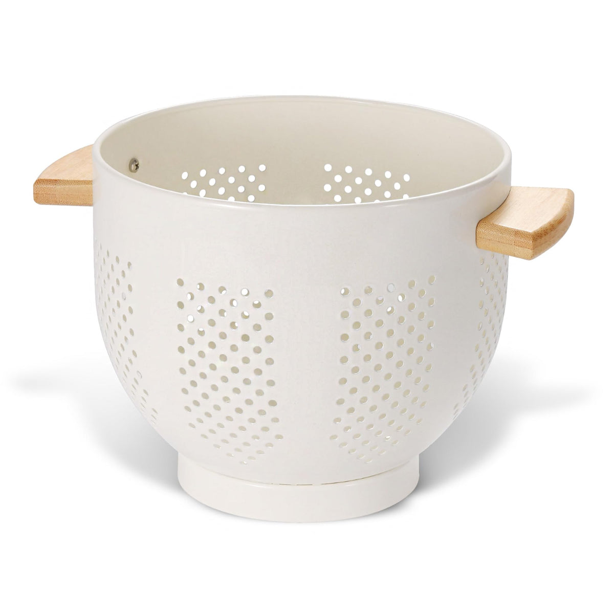 Metal Colander with Wood Handle and Stable Base, Powder Coated Steel Kitchen Strainer Basket for Draining Pasta, Vegetable and fruit(5.5quart,Matte Black)