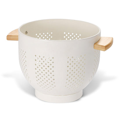 Metal Colander with Wood Handle and Stable Base, Powder Coated Steel Kitchen Strainer Basket for Draining Pasta, Vegetable and fruit(5.5quart,Matte Black)