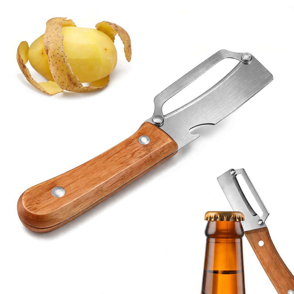 2026 Upgrade Vegetable Peeler With Wooden Handle, Stainless Steel Wide Blade Potato and Carrot Peeler, 3-in-1 Veggie Peeler With Scallion Shredder and Bottle Opener for Kitchen, Camping and Trave