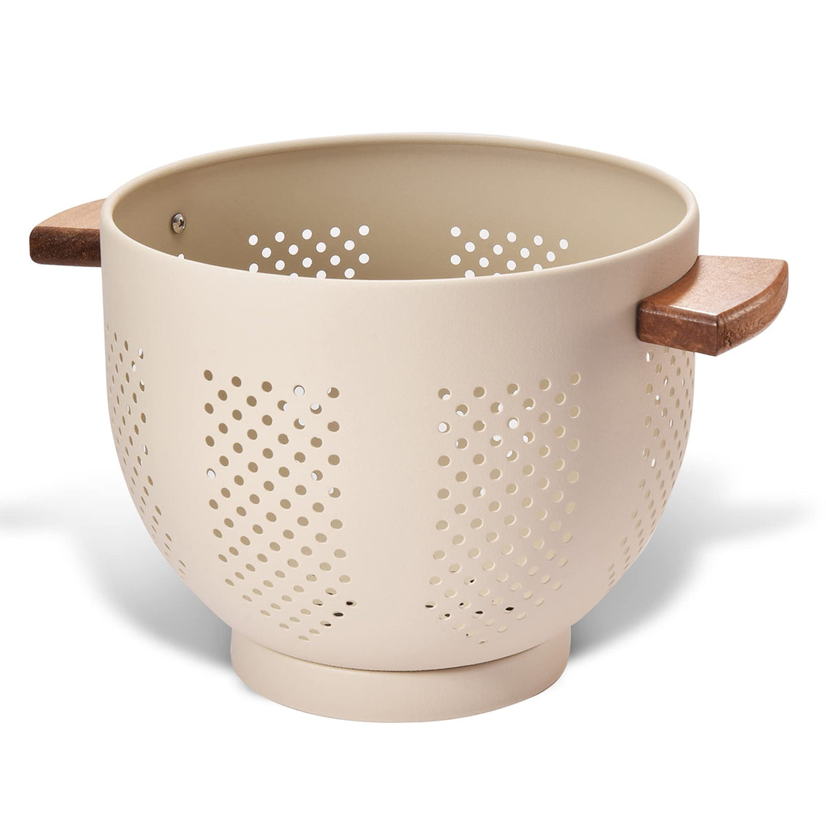 Metal Colander with Wood Handle and Stable Base, Powder Coated Steel Kitchen Strainer Basket for Draining Pasta, Vegetable and fruit(5.5quart,Matte Black)