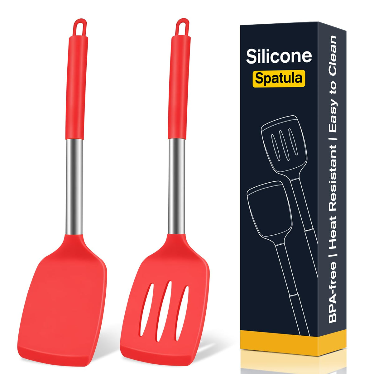 2 Pack Silicone Spatula Set, Solid & Slotted Turner for Non-Stick Pans
