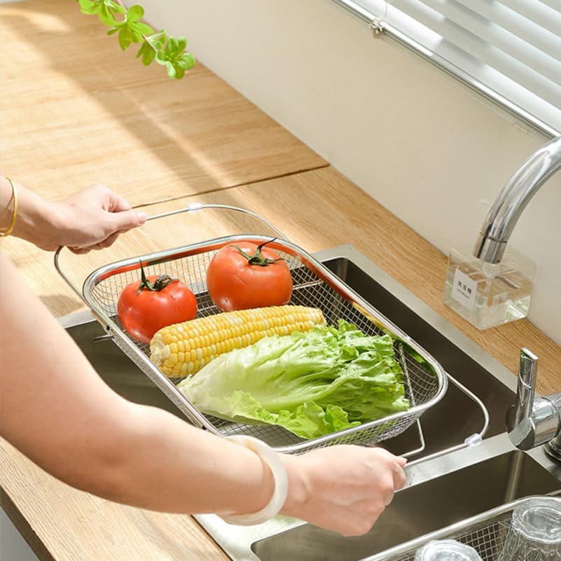 Kichvoe Retractable Sink Drain Basket Extendable Stainless Steel Kitchen Strainer Large Capacity Reusable Food and Vegetable Drainer with Quick Drainage for Home Kitchen