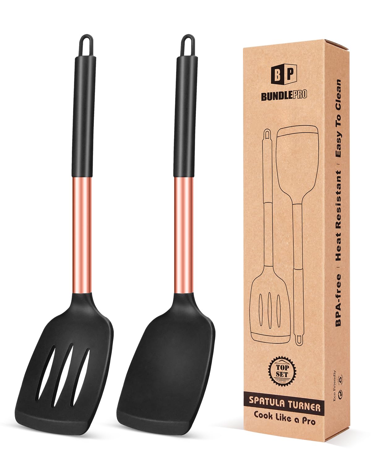 Pack of 2 Silicone Solid Turner, Non Stick Slotted Kitchen Spatulas, High Heat Resistant BPA Free Cooking Utensils, Ideal Cookware for Fish, Eggs, Pancakes(Stainless Steel Khaki)