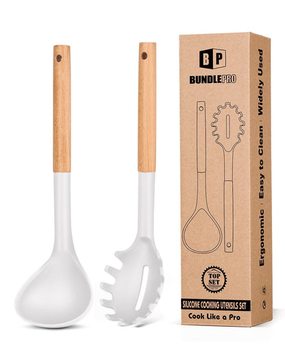 BUNDLEPRO Silicone Soup Ladle and Pasta Spoon Set with Wooden Handle