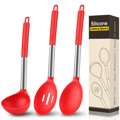 3 Pcs Silicone Cooking Spoon Set, Kitchen Utensils Include Solid & Slotted Spoon, Soup Ladle, Food-Grade Heat Resistant, Non-Scratch Spoons for Serving, Stirring, Draining, Dishwasher Safe, Black