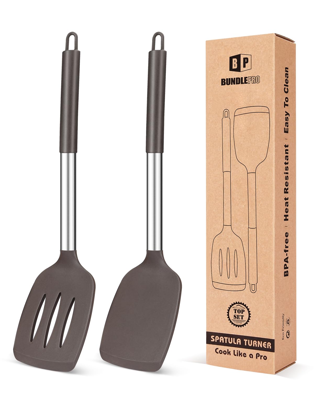 Pack of 2 Silicone Solid Turner, Non Stick Slotted Kitchen Spatulas, High Heat Resistant BPA Free Cooking Utensils, Ideal Cookware for Fish, Eggs, Pancakes(Stainless Steel Khaki)