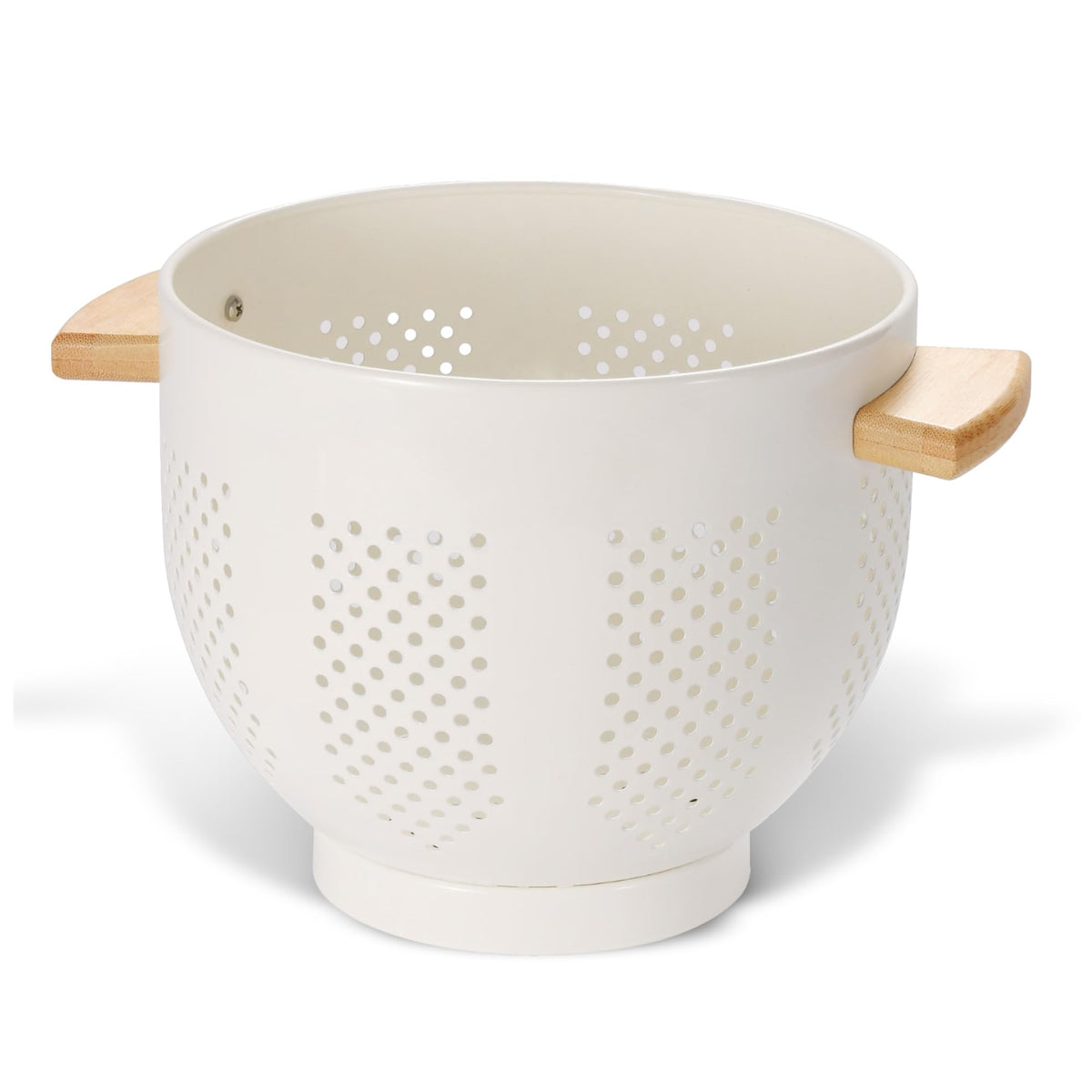 Metal Colander with Wood Handle and Stable Base, Powder Coated Steel Kitchen Strainer Basket for Draining Pasta, Vegetable and fruit(5.5quart,Matte Black)