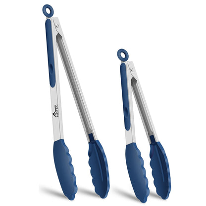 HOTEC Premium Stainless Steel Locking Kitchen Tongs with Silicon Tips, Set of 3-7", 9" and 12" (Gradient Blue)