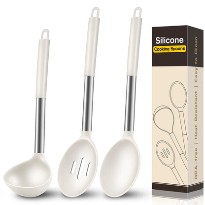 3 Pcs Silicone Cooking Spoon Set, Kitchen Utensils Include Solid & Slotted Spoon, Soup Ladle, Food-Grade Heat Resistant, Non-Scratch Spoons for Serving, Stirring, Draining, Dishwasher Safe, Black
