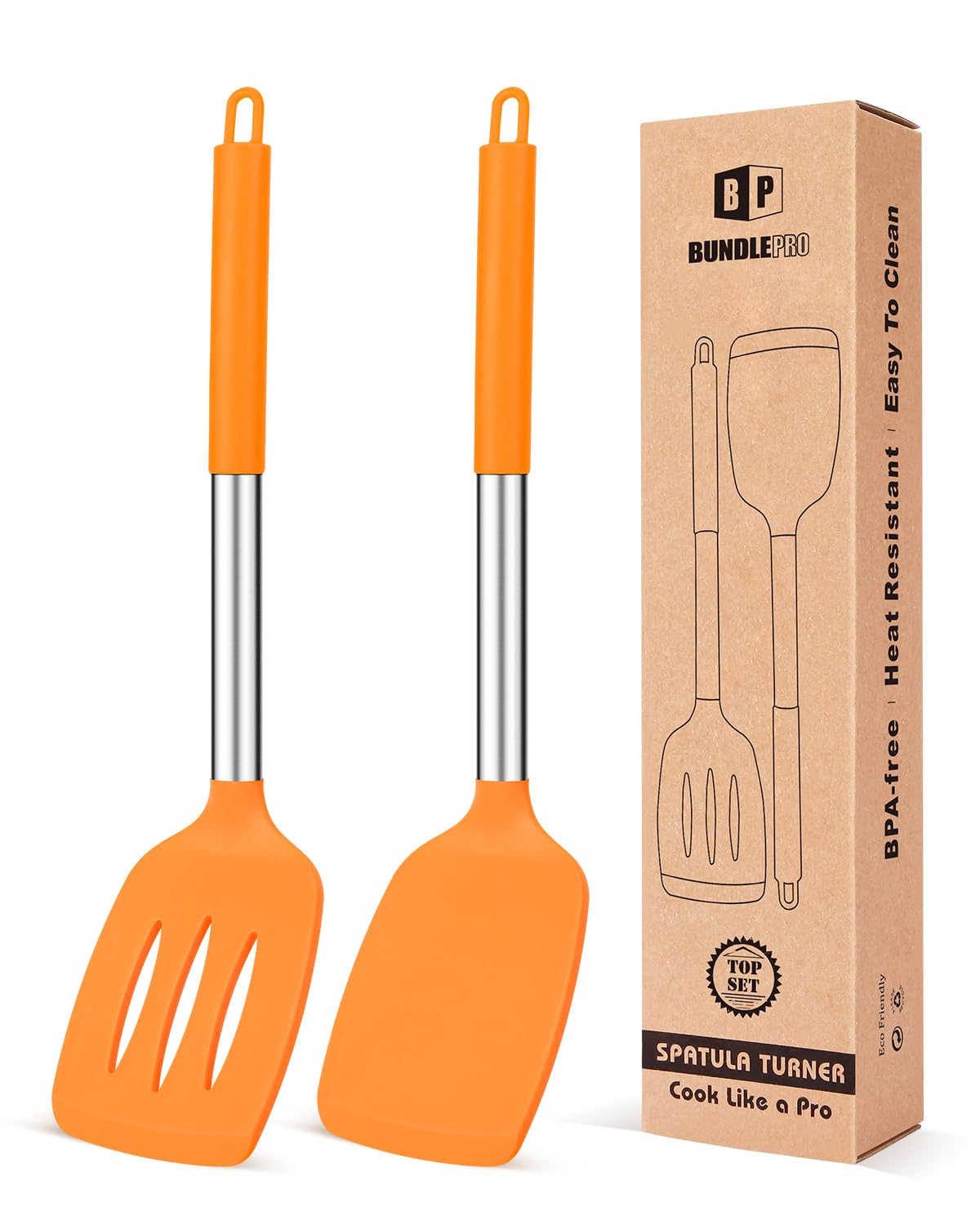 Pack of 2 Silicone Solid Turner, Non Stick Slotted Kitchen Spatulas, High Heat Resistant BPA Free Cooking Utensils, Ideal Cookware for Fish, Eggs, Pancakes(Stainless Steel Khaki)
