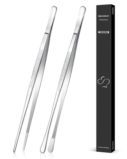 2 Pcs 12-inch Cooking Tweezers Tongs Precision Serrated Tips, Stainless Steel Professional Chef Tweezer Kitchen Tools for BBQ, Plating and Serving (Black)