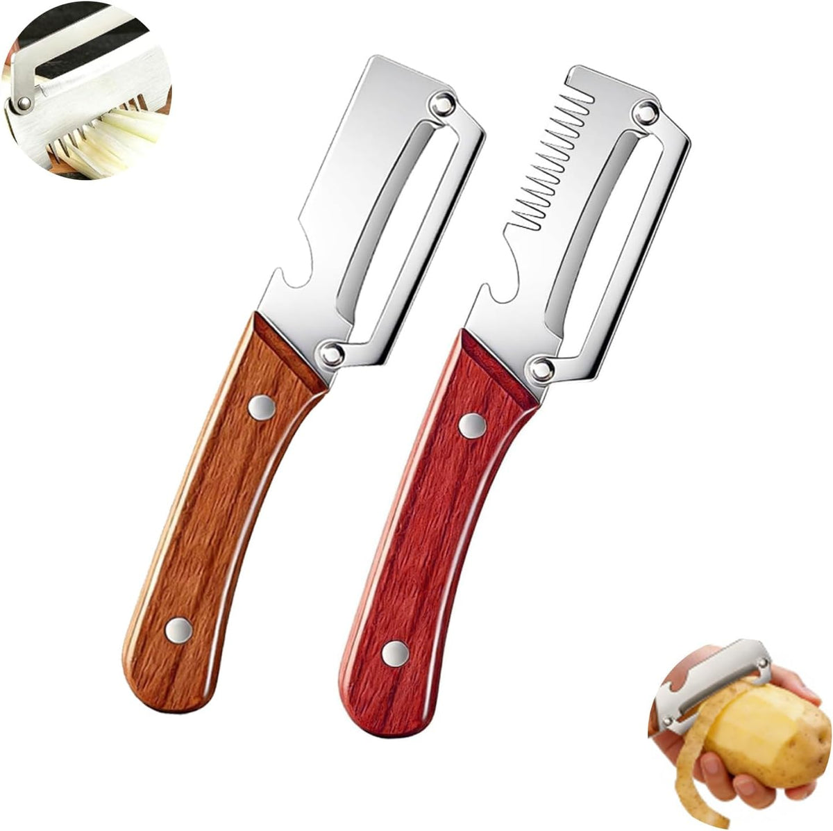 2PCS Multi-Functional Vegetable Peeler for Kitchen, 3 in 1 Stainless Steel Blade with Wooden Handle and Bottle Opener, Kitchen Gadgets Tool for Fruit Peeling Potato Carrot Veggie Peeler (A)