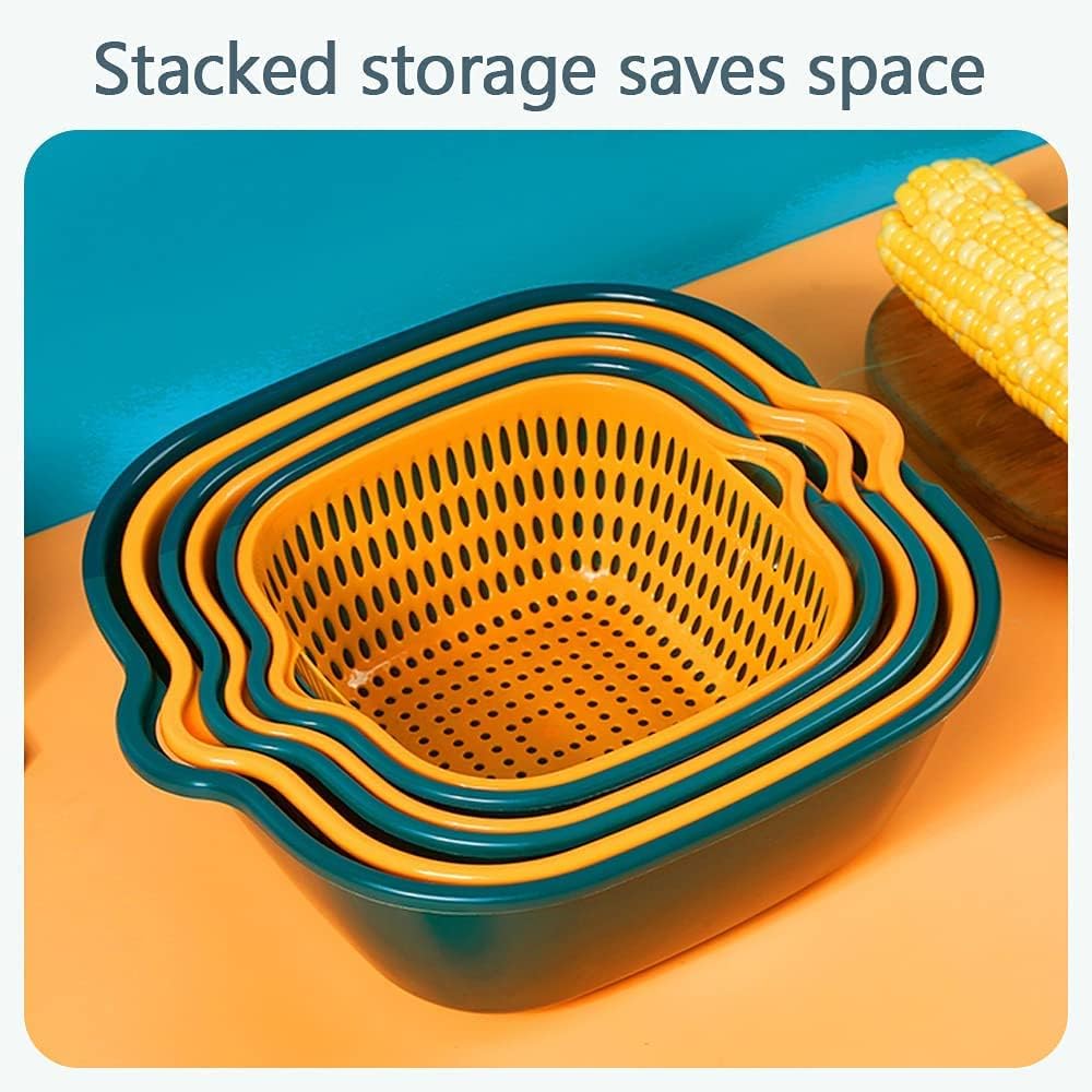 Vegetable Washing Baskets in The Kitchen Fruit Baskets Multi-layer Stackable Vegetable Sinks, Strainer and Washing Fruits and Vegetables Kitchen Colander Set (Blue Yellow)