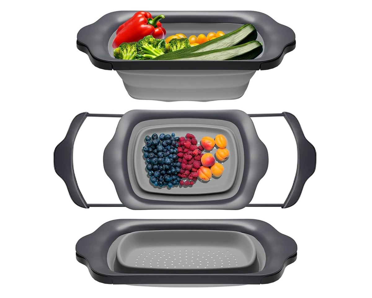 Comfify Over-the-Sink Colander with Handles – Sleek Plastic Black Kitchen Strainer for Pasta, Vegetables & Fruits – Space-Saving Design – 17.1 x 10.2 x 1.75 Inches