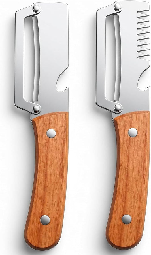 2 Pcs Multi-Functional Vegetable Peeler, Stainless Steel Thickened Fruit Peeler Knife with Wooden Handle & Bottle Opener, 2-in-1/3-in-1 Kitchen Tool for Home Cooking