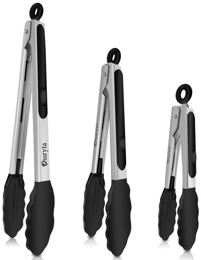 Stainless Steel Cooking Tongs Set of 3 - Heavy Duty 12/9/7 Inch Locking Tongs, Heat Resistant to 600 Degrees, Food Grade Kitchen Metal Tong for Food, Salad, & BBQ - Dishwasher Safe