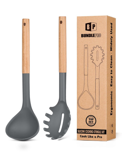 BUNDLEPRO Silicone Soup Ladle and Pasta Spoon Set with Wooden Handle