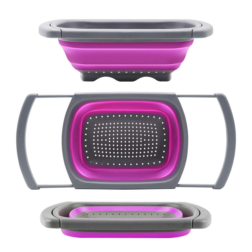 Qimh Colander collapsible, Colander Strainer Over The Sink Vegetable Fruit Strainer Basket (6 Quart) with Extendable Handles, New Kitchen Essentials