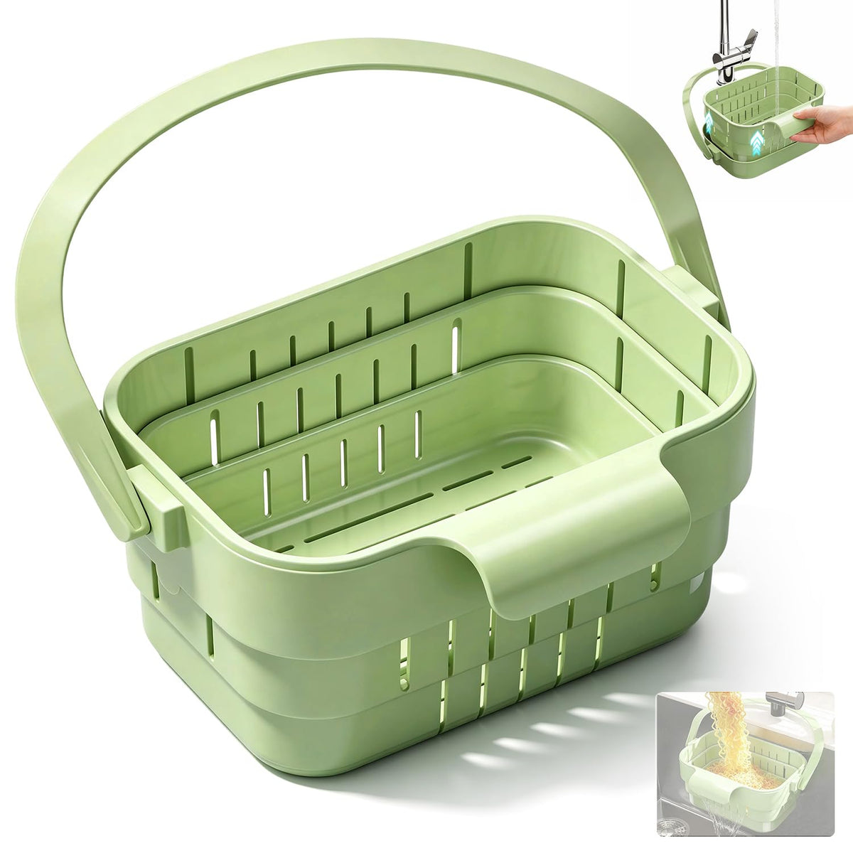 Foldable Hanging Kitchen Sink Drain Basket, 2026 Upgraded Foldable Kitchen Sink Strainer, Stretchable Kitchen Colander, No-Drill Hanging Drain For Fruit Vegetable Washing Rice Rinsing (Green)
