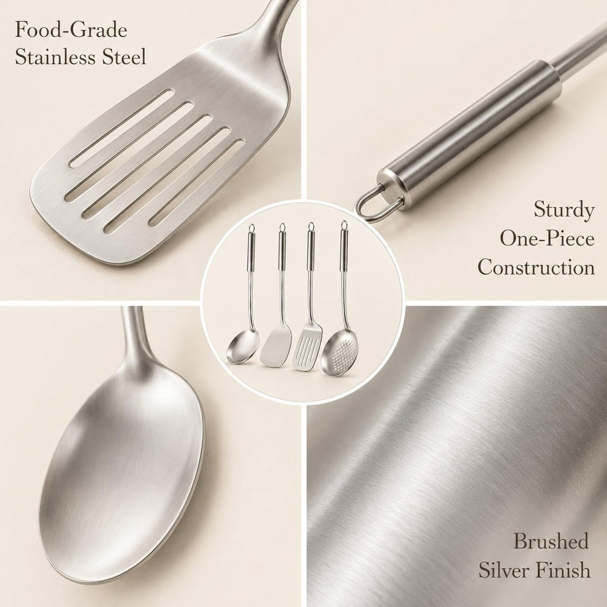 Pleafind Cooking Utensils Set - 4 Pcs Stainless Steel Kitchen Utensils Set with Solid Turner, Slotted Turner, Serving Ladle, Slotted Spoon, Wok Utensils Set with Heat Resistant Handle, Dishwasher Safe