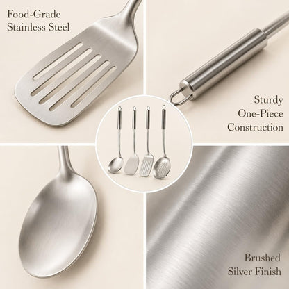Pleafind Cooking Utensils Set - 4 Pcs Stainless Steel Kitchen Utensils Set with Solid Turner, Slotted Turner, Serving Ladle, Slotted Spoon, Wok Utensils Set with Heat Resistant Handle, Dishwasher Safe