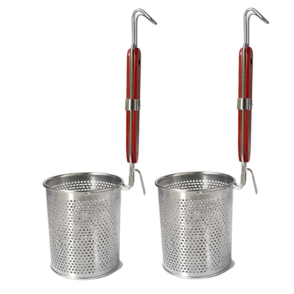 3PCs Mesh Pasta Basket Food Strainer Insert For Pot, Colander with Round Wooden Handle Stainless Steel Mesh Spider Strainer for Pasta Noodles Dumpling Vegetable