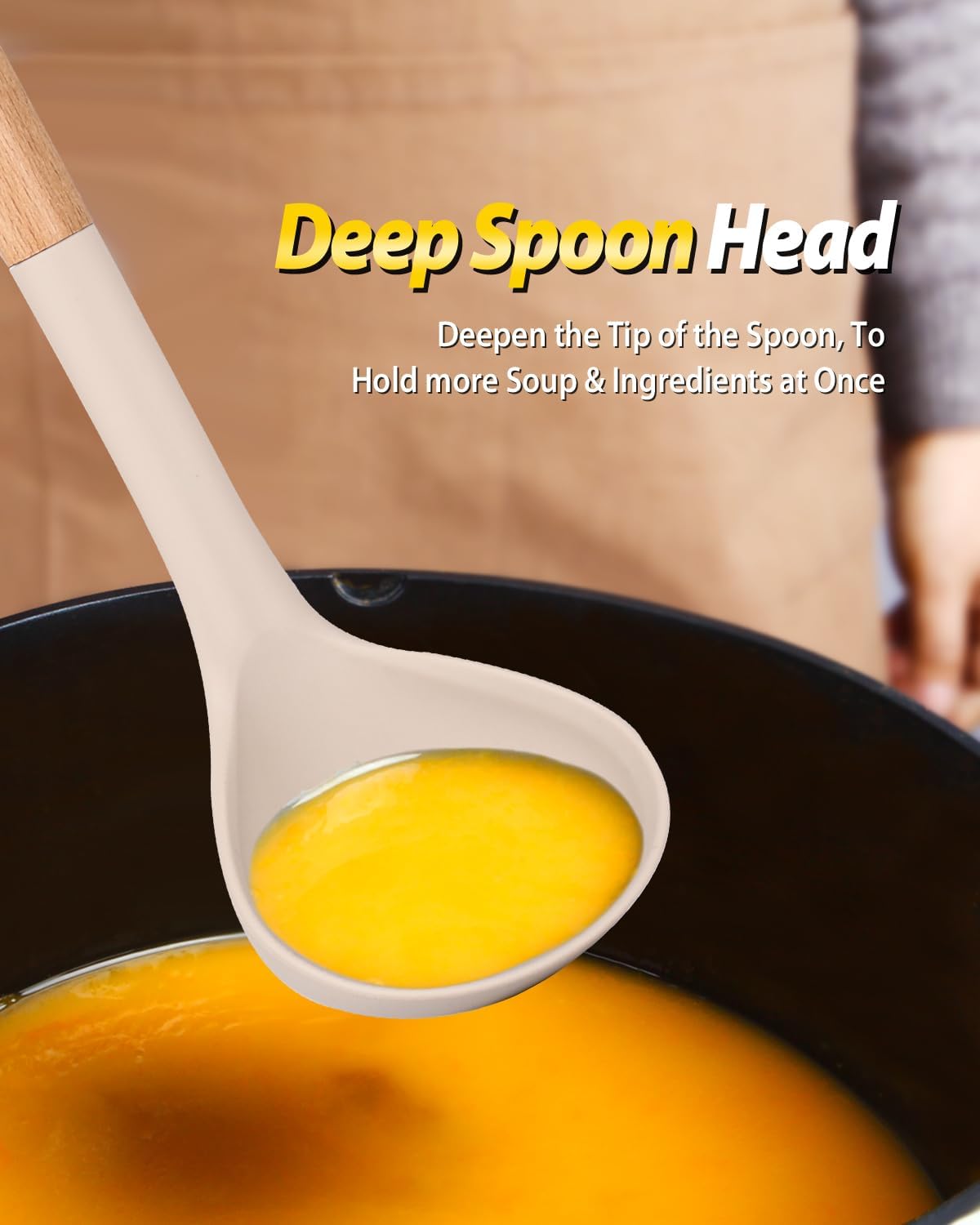 BUNDLEPRO Silicone Soup Ladle and Pasta Spoon Set with Wooden Handle