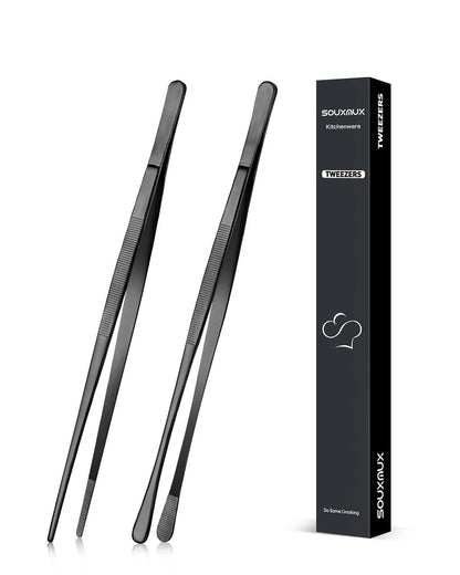 2 Pcs 12-inch Cooking Tweezers Tongs Precision Serrated Tips, Stainless Steel Professional Chef Tweezer Kitchen Tools for BBQ, Plating and Serving (Black)