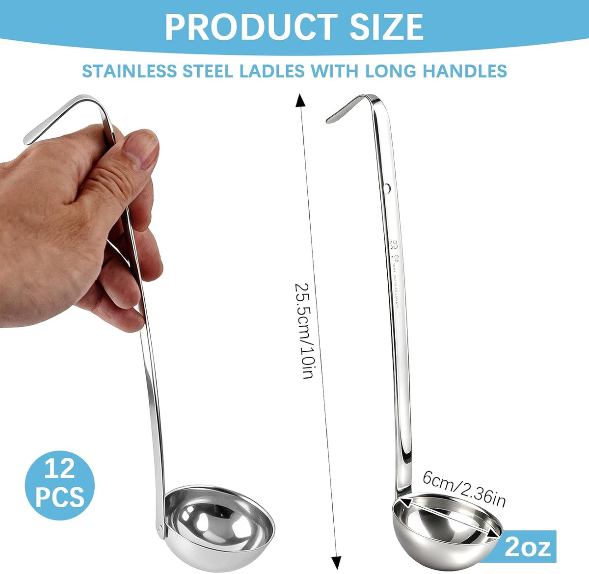 12 Pieces Stainless Steel Soup Ladle Sturdy Soup Ladle with Long Handles Portion Control Serving Spoons for Cooking Soup Sauce Kitchen Home(2 oz)