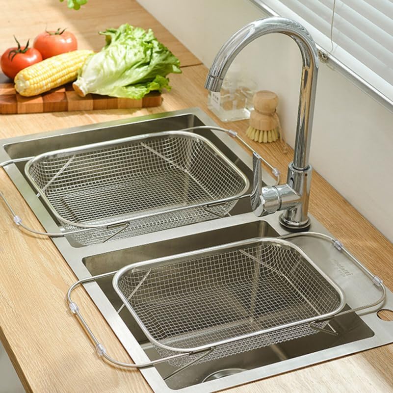 Kichvoe Retractable Sink Drain Basket Extendable Stainless Steel Kitchen Strainer Large Capacity Reusable Food and Vegetable Drainer with Quick Drainage for Home Kitchen