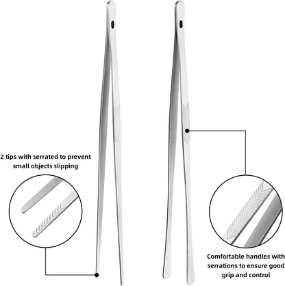 ChefBee 2PCS 12" Stainless Steel Kitchen Tongs Tweezers with Serrated Tips