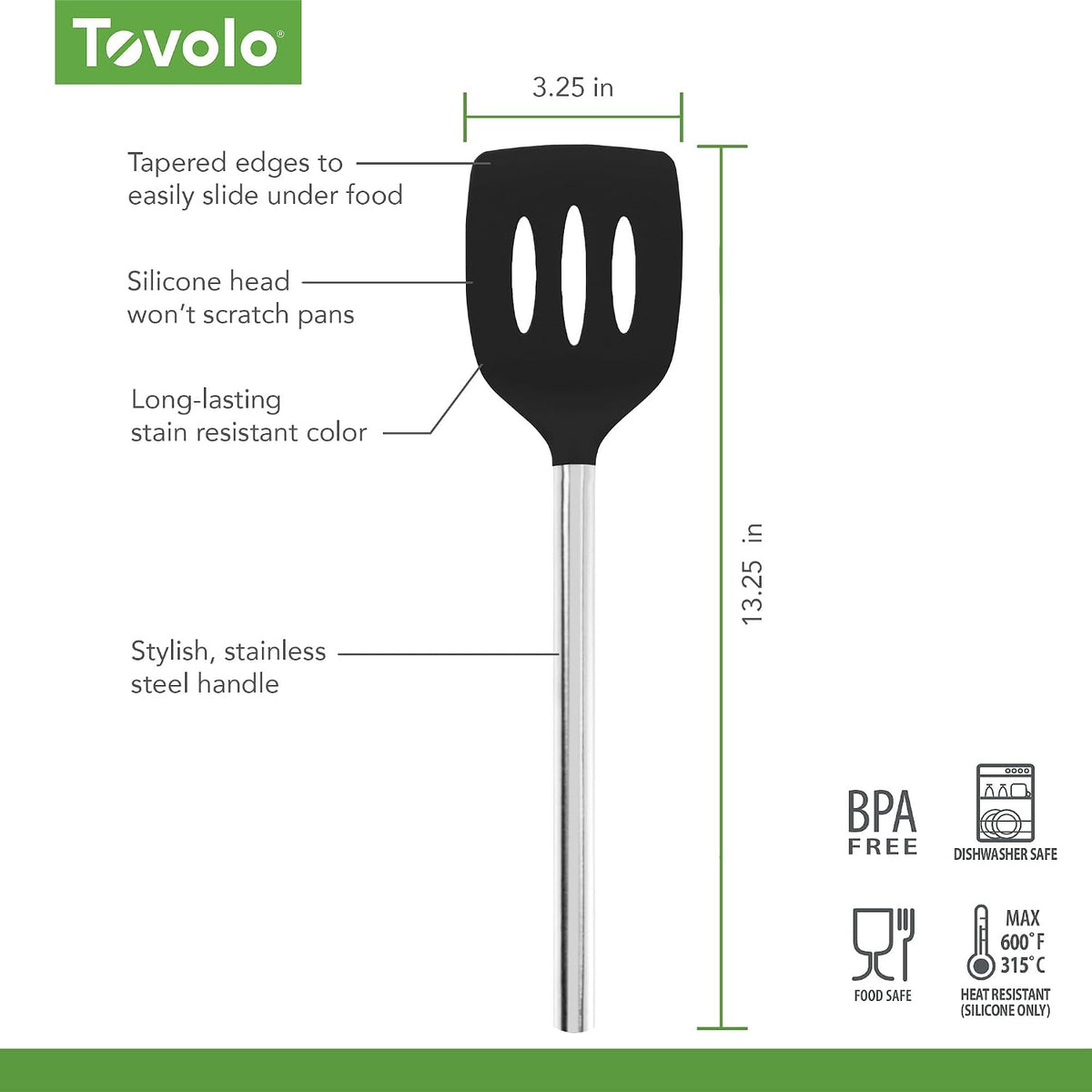 Tovolo Slotted Silicone Spatula Turner Slotted Stainless Steel Handle 10" Black Heat Resistant Non Toxic BPA Free Kitchen Utensil, Scratch Resistant Silicone Pancake Flipper Turner for Cooking