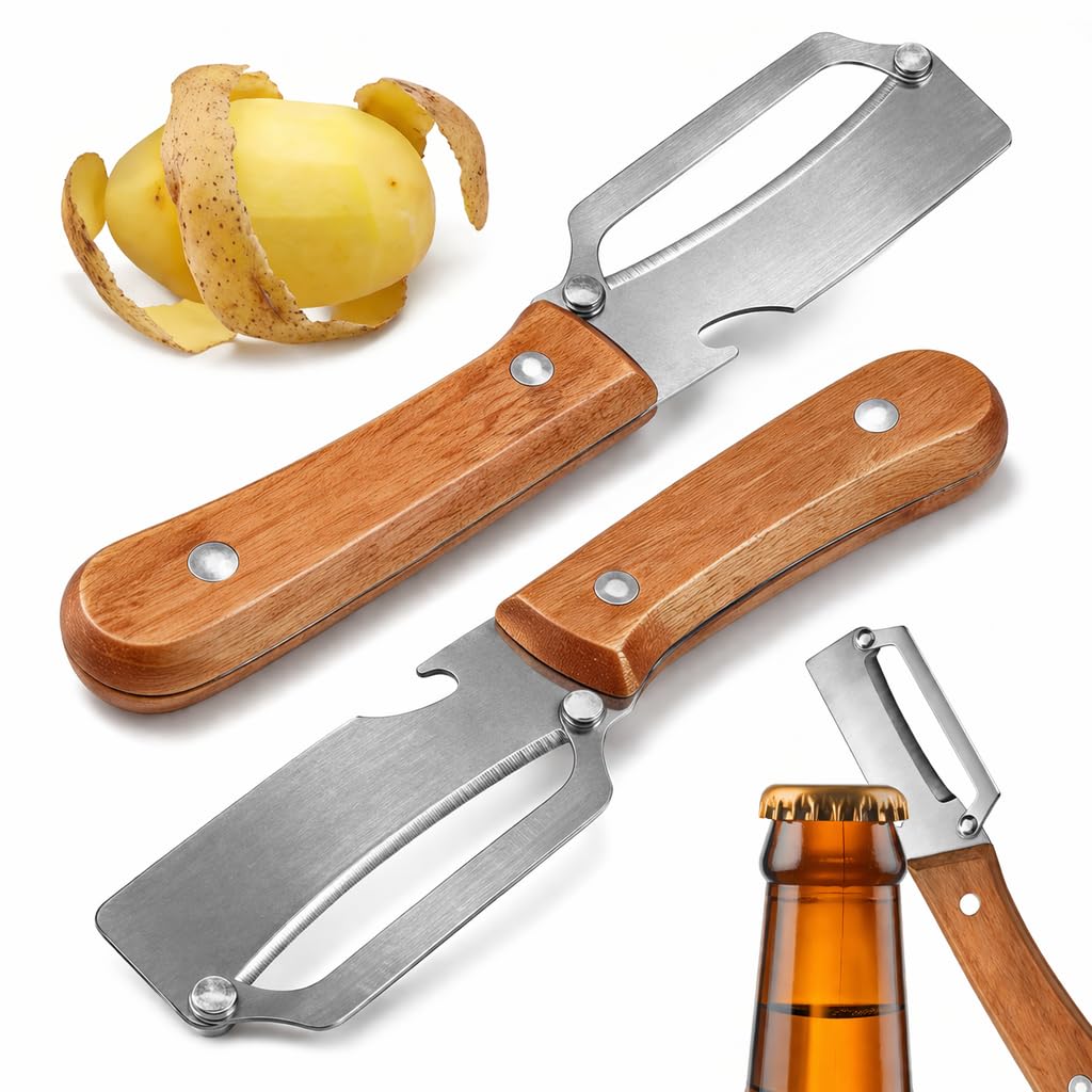 2026 Upgrade Vegetable Peeler With Wooden Handle, Stainless Steel Wide Blade Potato and Carrot Peeler, 3-in-1 Veggie Peeler With Scallion Shredder and Bottle Opener for Kitchen, Camping and Trave