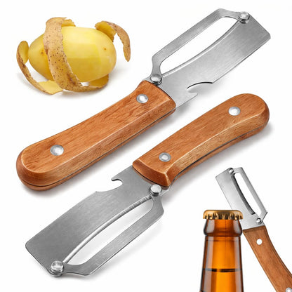 2026 Upgrade Vegetable Peeler With Wooden Handle, Stainless Steel Wide Blade Potato and Carrot Peeler, 3-in-1 Veggie Peeler With Scallion Shredder and Bottle Opener for Kitchen, Camping and Trave