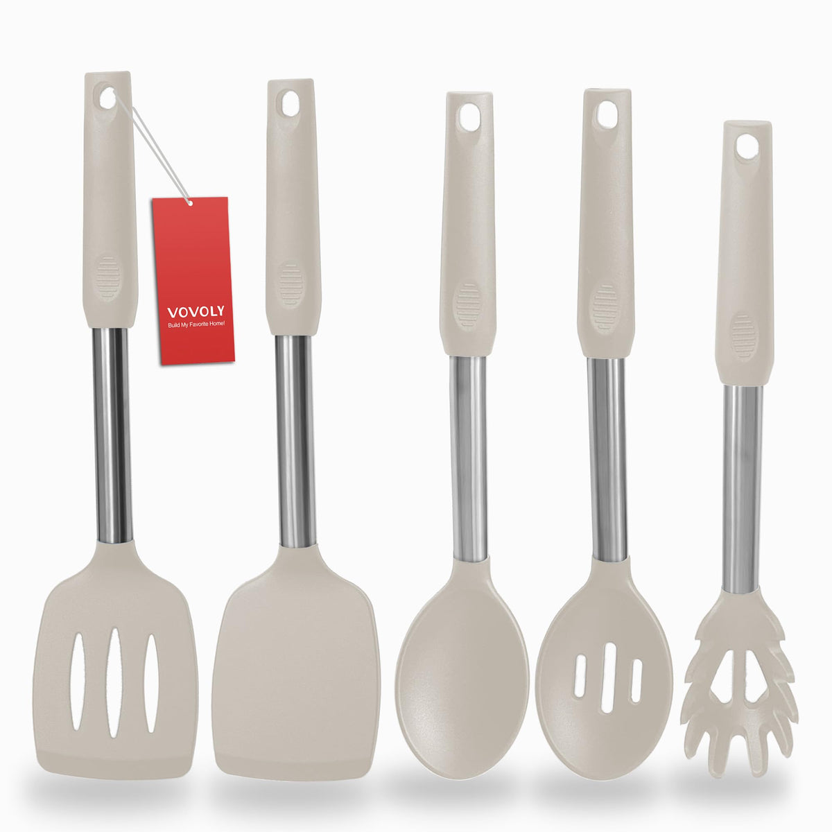 Silicone Spatula and Cooking Spoon,5 Pack Non-Stick Cooking Utensils for Kitchen，Heat Resistant Solid & Slotted Spoons and Spatulas, Stainless Steel Handle Coated with Silicone,Black