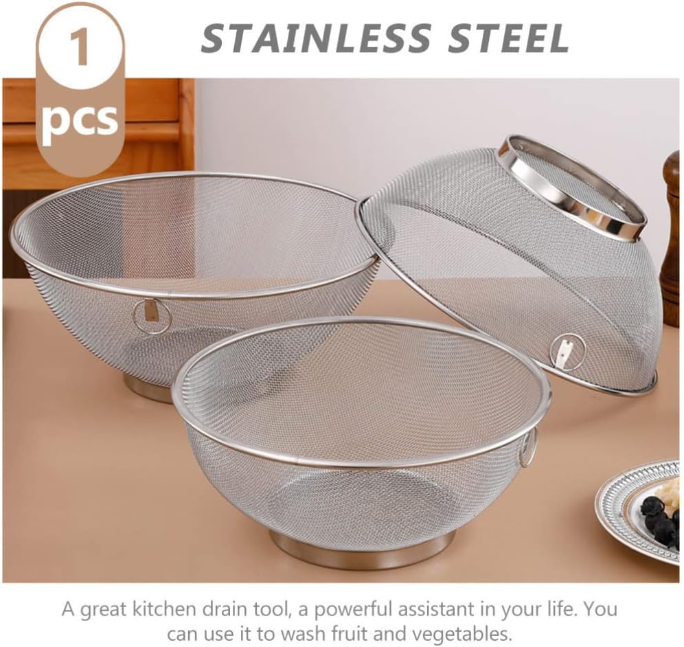 Zerodeko Stainless Steel Mesh Net Colander Strainer Basket Drainer Fine Mesh Strainer Rice Washing Bowl Sieve Sifters for Washing Fruit Vegetable Rice 26.3CM
